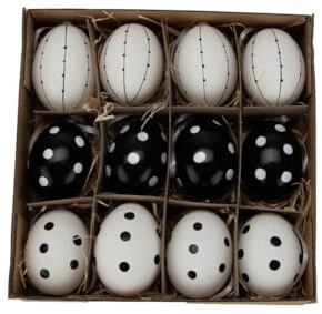 NaDeco Hühnereier, bemalt, 12 Stück, mit Hänger, in vielen Farben & mit verschiedenen Motiven erhältlich | Deko-Ostereier | Schöne Osterdeko zum Aufhängen, Farbe:Schwarz-Weiß