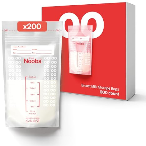 Sacchetti Latte Materno di Love Noobs, Buste Latte Materno Congelare, 200 conte - Sacchetti da 200 ml, Facile da usare, Presterilizzati