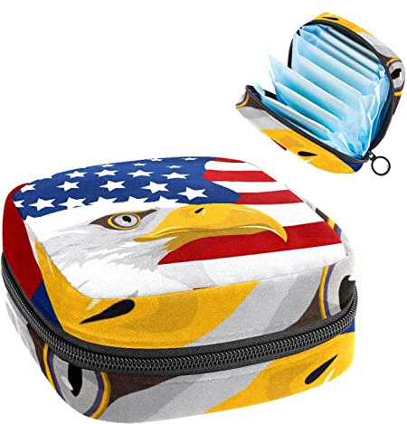 Amerikanische Glatzenfalke und USA-Flagge, tragbar, Tampon-Aufbewahrungstasche, Tampon-Halter für Geldbörse, femininer Produkt-Organizer, Mehrfarbig, 4.7x6.6x6.6 in/12x17x17 cm
