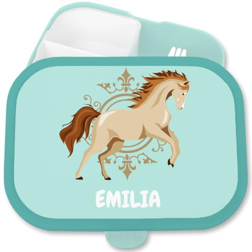 Brotdose Kinder Campus für Mepal - Pferd Pferdemädchen Pferde Springen - 750 ml - Türkis - personalisierte geschenke mädchen pferdebox horse spring jausenbox schule pferdebrotdose reiten braunen