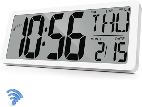 GEELION Atomic Clock 15 Digital Wall Clock Battery Operated Atomic Wall Clock Large Digital Alarm Clock with Day Date & Temperature for Wall Bedroom Living Room Classroom Home Office