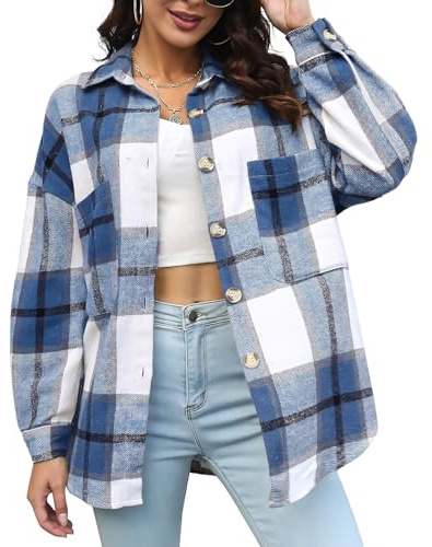 DayaEmmoTQ Blouses à carreaux pour femmes décontractées - Oversize Revers Manteau en laine Veste de chemise Mode Manches longues Manteau d'hiver Automne Hiver Chaud Chemisier, bleu, M