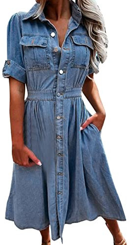 Jeansklänning midja dam – sommarklänning dam långa jeans – jeansklänningar dam sommar knälång – sommarklänningar med fickor omlottklänning A-linje elegant fritidsklänning 1/2 ärm klänning knappar, blå