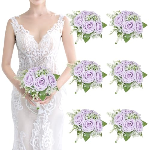 Juego de ramos artificiales de dama de honor de 6 a 7 pulgadas, ramos de dama de honor, ramo de rosas de seda lila, hecho a mano para bodas, celebración de flores, despedida de soltera, centro de mesa