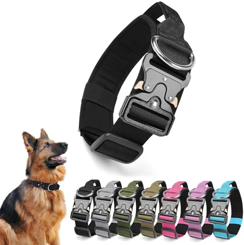 Ledeak Taktiskt hundhalsband med handtag, justerbart polypropylenhundhalsband med metallspänne, mjukt vadderat hundhalsband för medelstora hundar (svart, M)
