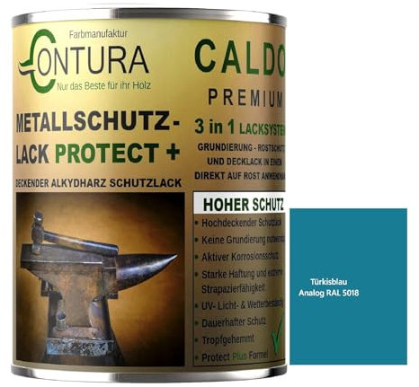 Contura 3in1 Rostschutzfarbe Metallschutzlack Glänzend RAL Metall Lack Farbe Grundierung (RAL 5018 Türkisblau, 500ml.)