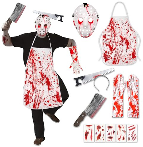 Costume Macellaio Halloween Uomo Con Grembiule Insanguinato, Set Horror, Accessori per Festa di Halloween e Carnevale (Bianco)