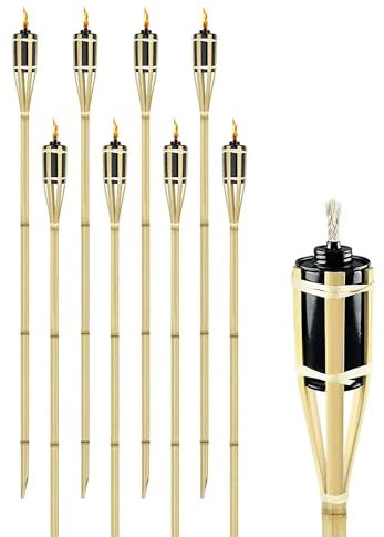 IlGruppone Set 8/12 Pezzi Torcia Grande da Giardino in bambù XXL Olio Contenitore in Metallo 90/120/150 Cm Lampada Candela con Stoppino Fiaccola Torcie Esterno Feste Eventi - 8 Pezzi 150 Cm