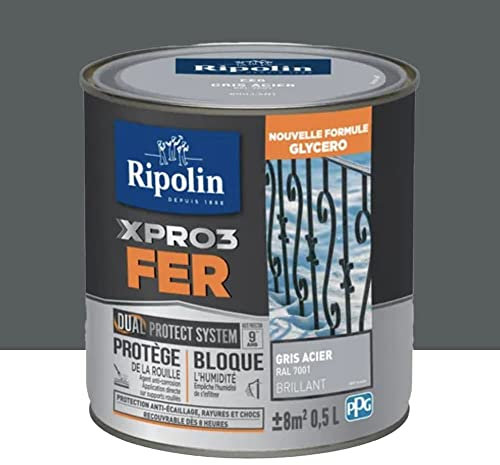 RIPOLIN Peinture fer glycéro XPRO3 Fer Brillant Gris Acier 0,5 L