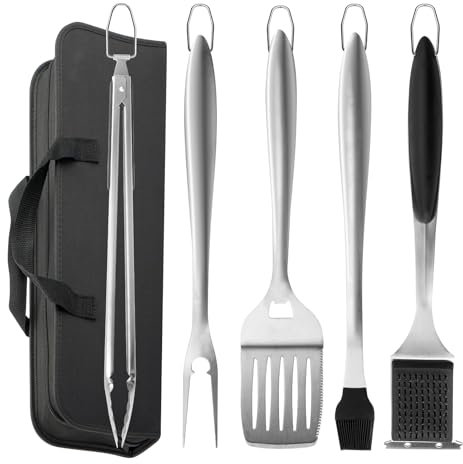 BBQ Tool Set of 6, Stainless Steel Grill Accessories Tools for Outdoor Grilling Cooking Camping, Heavy Duty Grill Spatula, Tong, Fork, Basting Brush & Cleaning Brush, Travel Bag (Black)