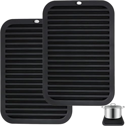 Topfuntersetzer Silikon,Abtropfmatte Geschirr,Topflappen Silikon,Hitzeschutzmatte,Tischsets,Hitzebeständige Matte bis 230°C,für Küche, Wohnzimmer,23 x 30 cm,2 Stück,Schwarz