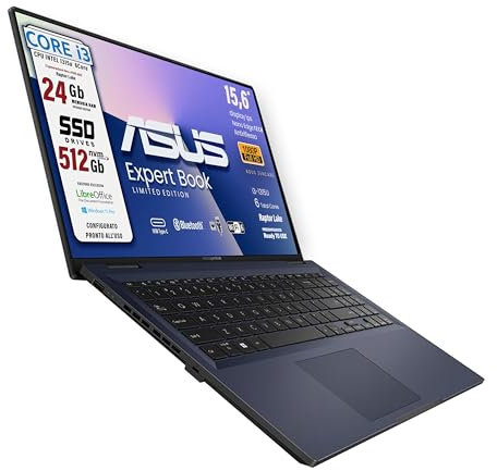 ASUS Expertbook, pc portatile, Cpu Intel i3 Raptor Lake di 13Th 6Core, Ram 24 Gb, SSD Nvme da 512Gb, 15,6 FHD, wi-fi 6, 4 Usb, Bt, Intel UHD, Win 11, Libre Office, pronto All'uso Gar. Italia