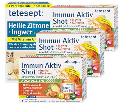 tetesept Immun Aktiv Shot Ingwer Kurkuma + Heiße Zitrone [21 Trinkfläschchen und 10 Beutel Heiße Zitrone] Hochdosiert mit Vitamin C D Zink B12 Zur Unterstützung des Immunsystems