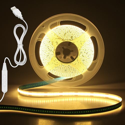Aclorol Tira de Luz LED COB USB 4M Blanco Cálido 3000K Regulable 320LEDs/M Sin Puntos Flexible Cinta de 8mm de Ancho con Autoadhesivo Corta y Pega para Retroiluminación de TV, Armario, Cajonera