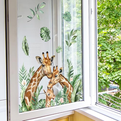WandSticker4U®- Fensterbilder Kinder Tiere GIRAFFEN Familie selbstklebend (50x35 cm) I Fenstersticker Kinder Tiere Pflanzen I Fensteraufkleber Fensterdeko Kinderzimmer Mädchen Junge Frühling Sommer