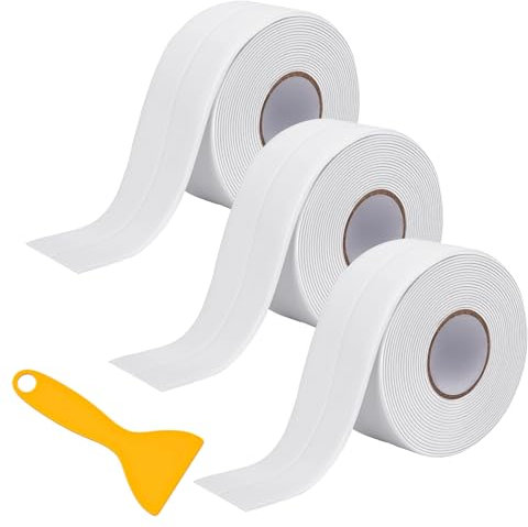 Nastro Sigillante Impermeabile 3 Rotoli Nastro Autoadesivo in PVC Bianco Striscia di Tenuta Guarnizione Doccia per Cucina, Bagno, Toilette, Angolo di parete (3,8 cm x 3,2 m)