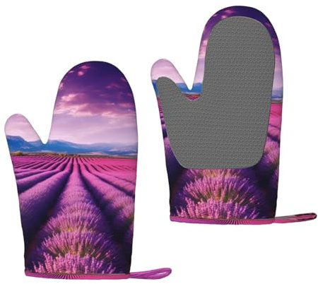 Lavender Fields Oven Mitts Set of 2 Heat Resistant Silicone Oven Gloves with Soft Lining Non-Slip Kitchen Cooking Mitt Long Waterproof Potholders Kitchen Essentials