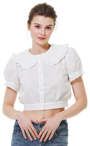 BEAUTELICATE Camicetta da donna in cotone con colletto Peter Pan Vintage a maniche corte bardot camicetta bottoni, camicetta interna top per edoardiano rinascimentale bianco, Bianco avorio, L