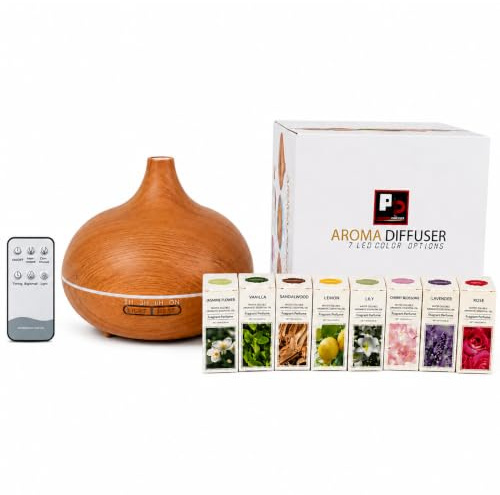 Diffusers 500ML with 8 Essential Oils Set - Essential Oil Diffuser with Remote Control - Aromatherapy Oil Diffusers With 7 LED Lights - Ultrasonic Cool Mist - For Home Bedroom Office - Wood Grain