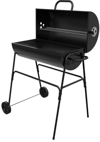 House Of Home XL Barrel Charcoal BBQ Grill – Large Black Smoker with Thermometer, Wheels, Ash Catcher & Side Vents – Portable Garden Coal Barbecue for Outdoor Cooking