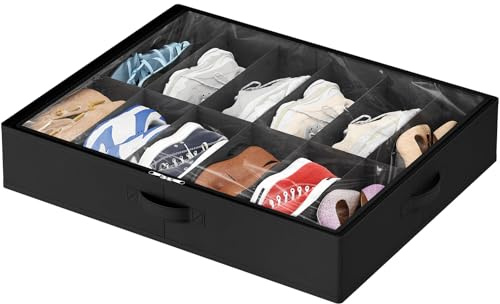 Lifewit Scatole per Scarpe con Finestra Trasparente, Contenitori Portaoggetti Pieghevole Sottoletto per Scarpe, Organizer per Scarpe con Manici Salvaspazio, Nero, 1 x 12 Paia