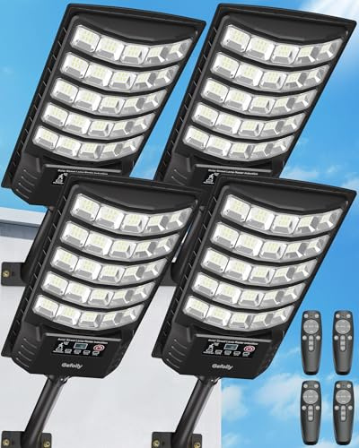 Gefolly Lampione Solare Led Esterno con Telecomando, IP67 Impermeabile Lampada Stradale Solare con Sensore di Movimento, 6500K Super Bright Lampioni da Giardino Esterno Solari per Garage-4Pack