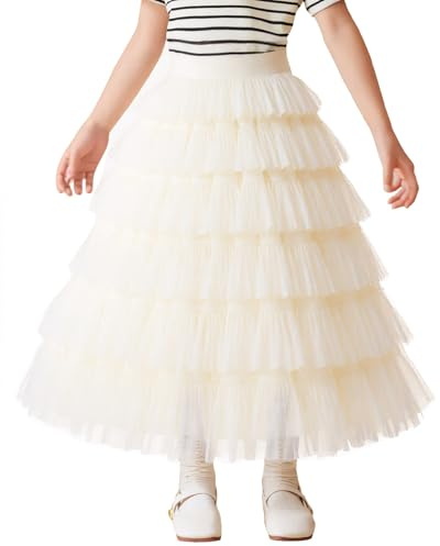 NEAWEALY Falda de tul para niñas, falda de pastel, falda de tutú, falda de princesa, falda de cintura alta, falda escalonada, de longitud media, falda de verano, falda de línea A, beige, 12-13 años