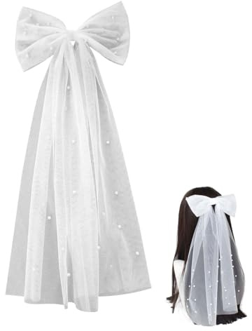 JUKOTA Brautschleier Kurz, JGA Schleier Braut mit Perlen und Haarspange Weißer Elegante Tüll, Braut Schleier Haarschleife Softtüll für Junggesellenabschied Hochzeit Damen Mädchen Party Haarschmuck