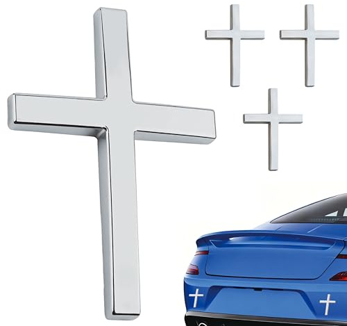 4 PCS Metal Jesus Christ Cross Badge Stickers for Car & Truck Body Fender Tail - 2.5×1.8 3D Christian Auto Emblem Decal, Self Adhesive Waterproof Exterior Decoration Accessories (4, Silver)