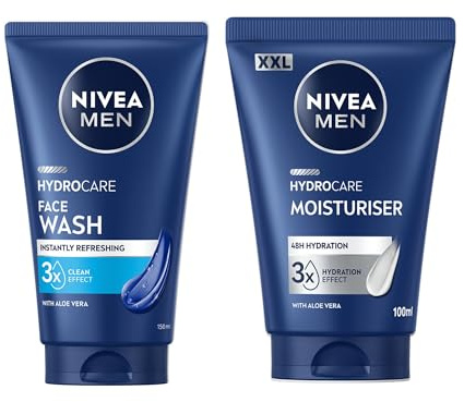 NIVEA MEN Skincare Kit Hydrocare XXL, Set skincare con Crema Idratante Uomo 48H XXL 100 ml e Gel Detergente Viso XXL 150 ml in maxi formato con Aloe Vera rinfrescante per tutti i tipi di pelle