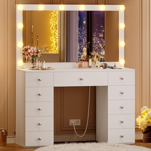 AOGLLATI Coiffeuse avec Miroir et Éclairage Hollywood, Miroir Coiffeuse avec 11 Tiroirs de Rangement, 40x 105x140cm,Moderne Blanche