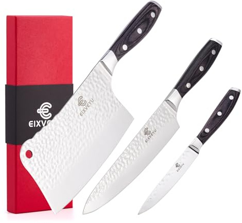 SHI BA ZI ZUO Set di coltelli da cucina, coltello da macellaio, coltello da chef e coltello da frutta, set da 3 pezzi, coltello da verdura forgiato, manico in legno, confezione regalo