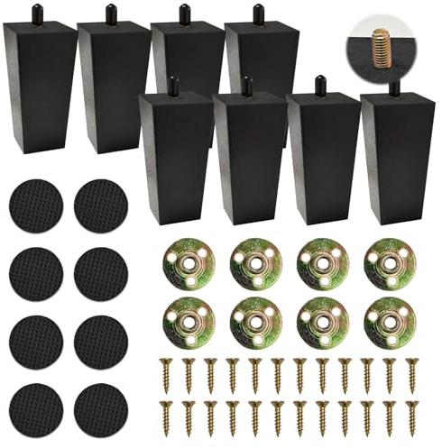 Lot de 8 Pieds de Meuble Bois, Pied pour Meuble 10 cm, Pieds de Canapé Carrés avec Boulon M8 - Pied de Lit et de Placard Robuste avec Plaques de Montage (Noir)