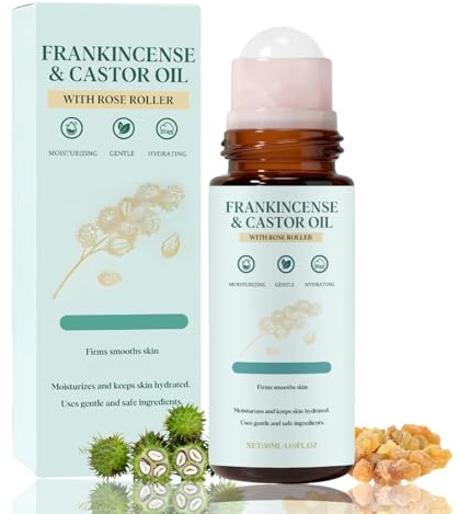 Weihrauch & Rizinusöl - Frankincense Oil & Castor Oil Roll On mit Rosenquarz - Rizinusöl Kaltgepresst Bio - Strafft die Haut, Reduziert Feine Linien, Geeignet für Gesicht Hals Bauch, 50 ml