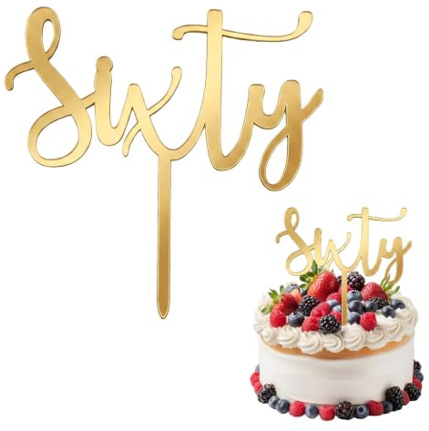 Gold Acrylic Cake Topper, Happy Birthday Cake Decorations Sign, Elegant Mirror Gold Calligraphy Cake Topper for Women Men, Party Supplies for Milestone Birthdays (60th)
