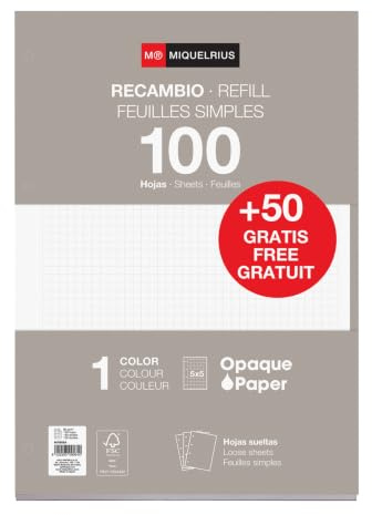 Miquelrius Nachfüllblock, A4, kariert, 5 x 5 mm, 150 Blatt, 90 g/m², lose Blätter mit Standardlochung für Ringbücher, Schulmaterial, Grau
