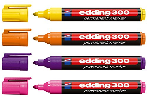 Set med 4 edding Permanentmarkör edding 300, påfyllbar, 1,5–3 mm [tilläggsfärger I ] gul, orange, violett och rosa