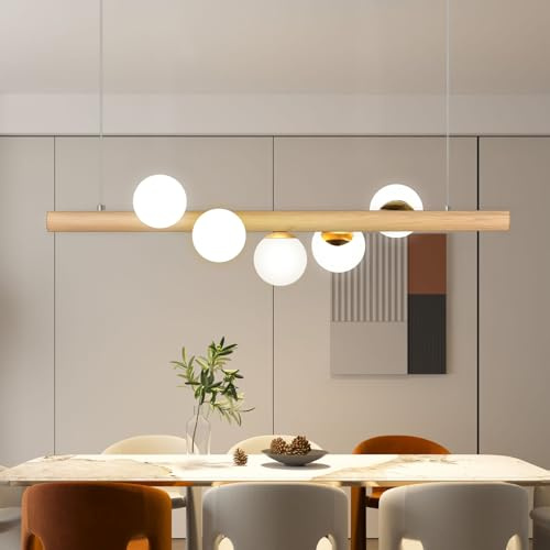 Azanaz 5-Flammige Pendelleuchte aus Massivholz, 80cm für Esstisch & Kücheninsel, Höhenverstellbar (bis 120cm), Einfache Montage auch für Schräge Decken, mit G9 Fassung