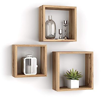 MOBILI FIVER, Set de 3 estantes de Pared Cuadrados Giuditta, Color Madera rústica, Aglomerado y Melamina, Estante Cubo para Cocina y salón, Made In Italy