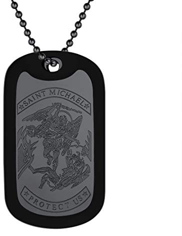 Collier Saint Michael Homme Plaque Identification Militaire Armé Personnalisable Chaine Chrétien Pendentif Femme Prénom Gravure Personnalisé Médaillon Noir Bijoux Cadeau Noël Fêtes des Mères Pères