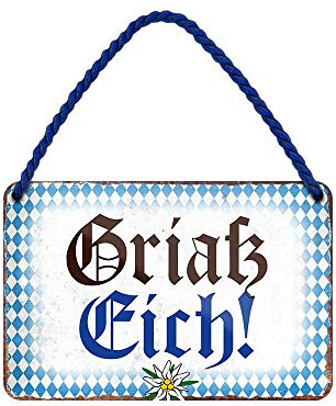 Griaß Eich Hängeschild - lustiges Retro Deko Metallschild mit Kordel und Saugnapf - witzige Dekoration Haustür Hauseingang Flur Biergarten Wirtschaft - bayrischer Gruß mit Bayern Raute - 18x12cm