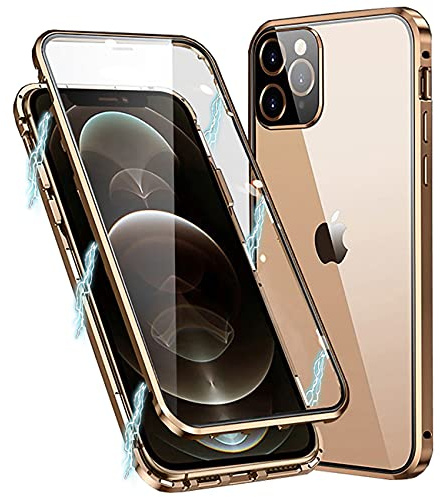 MIMGOAL Hülle für iPhone 11 Pro 360 Grad Magnetisch Transparent Gold | Gehärtetes Glas vorne und hinten, Magnetischer Aluminiumrahmen, Integrierter Kameraschutz, Präzise Ausschnitte