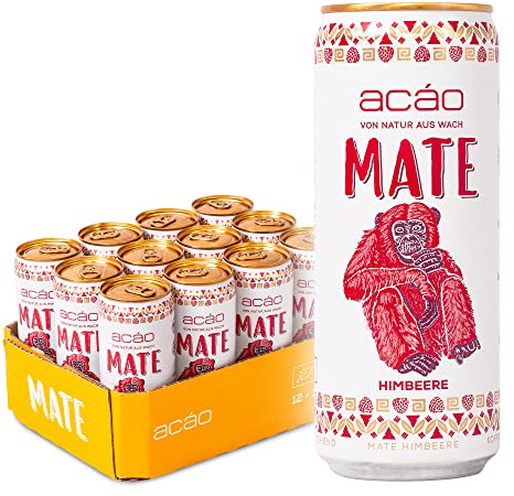 acáo Bio Mate Himbeere (12 × 330 ml Dose) – super fruchtig, kalorienarm – Natural Energy Drink, koffeinhaltiges Erfrischungsgetränk – Mate Tee
