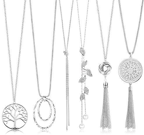 Milacolato Långa halsband för kvinnor, boho-kedja, tofshänge, boho-halsband, cirkelknut, fjäderbladströja, halsband, uttalande halsband för kvinnor, paket med 6, Metall