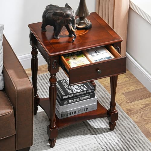MODERION Solid Wood Side Table with Drawer and Storage Shelf, Traditional End Table, Narrow Telephone Nightstand, Carvings Elegant Vintage, for Living Room, Bedroom, Office Cherry Walnut GBJ1533WD