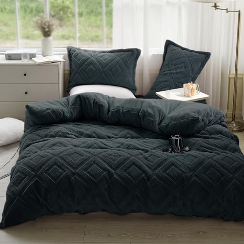 KEAYOO Biancheria da letto in peluche, 135 x 200 cm, con morbido pile Teddy, extra calda, per l'inverno, federa 80 x 80 cm (grigio scuro, 135 x 200)