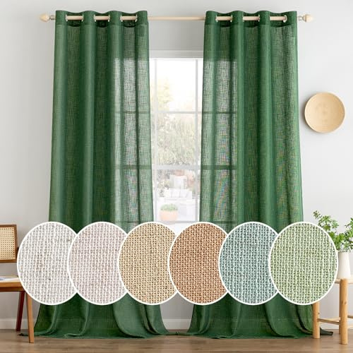 MIULEE Gardinen Leinen mit ösen Halbtransparent Vorhänge Dunkelgrün 245x140 | 2er Set, Leinenoptik Modern Voile Ösenvorhang, für Wohnzimmer Kinderzimmer Raumteiler, schlaufenvorhang