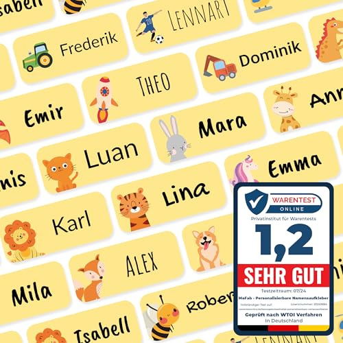 Namensaufkleber für Kinder (108 Stk. 30x13 mm) - Wasserfeste Namensschilder für Kleidung, Textilien und Gegenstände - Optimal für Kita, Kindergarten und Schule - Schöne Motive personalisierbar