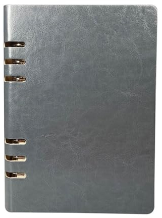 (Grau) Vintage Leder Ringbuch Notizbuch, A5(17 * 23cm/6.6 * 9inch) Edelstahl-Ausschnitt Notizblock Nachfüllbar Leder Notizbuch, 100 Seiten Wasserdicht Beige Einsätze