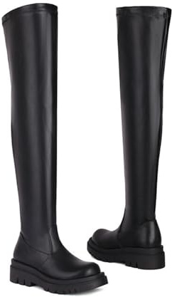 Stivale Tubo Lungo da Donna con Tacco A Blocco Stivali sopra Il Ginocchio in Pelle Stretch,Nero,42 EU